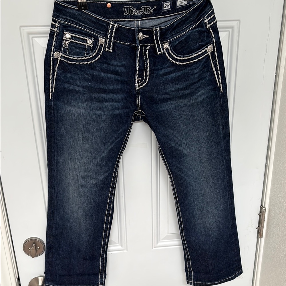 Miss Me Blue Ankle Cropped Jeans with Distressed Details